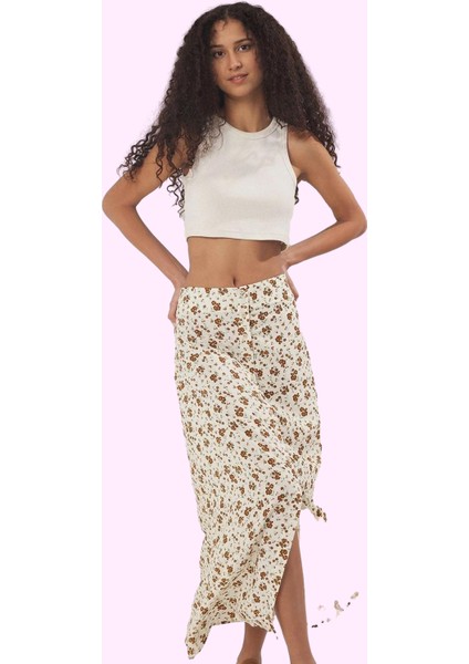 Kadın Shally Dokuma Çiçekli Yırtmaçlı A Line Viskoz Midi Etek Günlük Kullanım Modern Tasarım