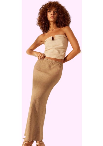 Kadın Midi Boy Keten Etek Düz Desen Basic Siluet Günlük Kombinler Yaz Aylarının Vazgeçilmezi