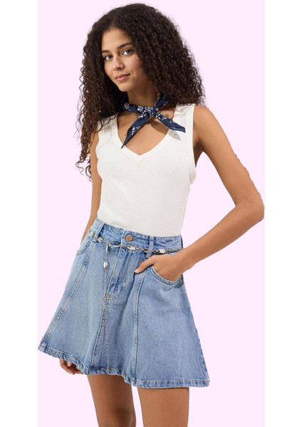 Kadın Denim Mini Etek Yüksek Bel A Line Fırfırlı Pamuklu Yazlık Yaz Aylarının Vazgeçilmezi fiyatları