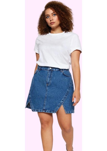 Kadın Yüksek Bel Denim Kısa Etek A Line Rigid Dokuma Yırtmaçlı Pamuk Yaz Aylarının Vazgeçilmezi