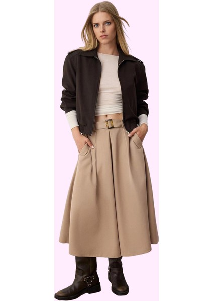 Kadın Polyester Midi Etek Kemerli Kloş Gabardin Dokuma Günlük Hafta Sonu Dayanıklı Malzeme