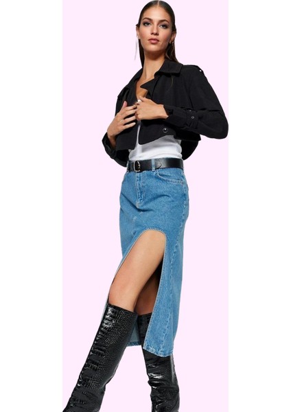 Kadın Pamuk Denim Midi Etek Düz Desenli Kalem Kalıp Günlük Casual Tarz Yaz Aylarının Vazgeçilmezi fiyatları