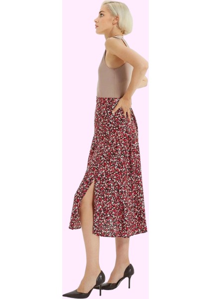 Kadın A Line Midi Etek Dokuma Kumaş Viskoz Cepsiz Çiçek Desenli Günlük Yaz Aylarının Vazgeçilmezi