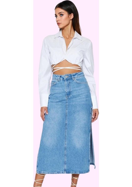 Kadın Denim Maxi Etek Pamuk Yüksek Bel Yırtmaçlı Casual Stil Günlük Kullanım Modern Tasarım