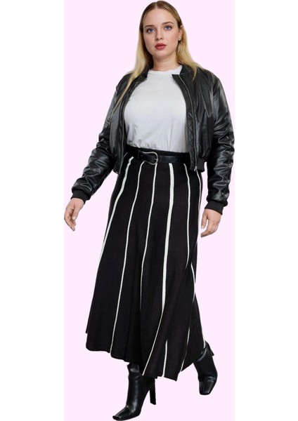 Kadın Çizgili Triko Etek Midi Boy Kloş Kesim Günlük Şıklık Hafta Sonu Yaz Aylarının Vazgeçilmezi fiyatları