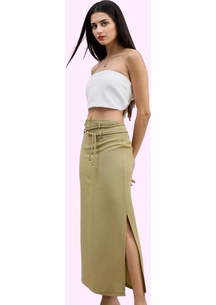 Kadın Renk Yandan Yırtmaçlı Maxi Etek Keten Karışımlı Dokuma Kumaş Yaz Aylarının Vazgeçilmezi