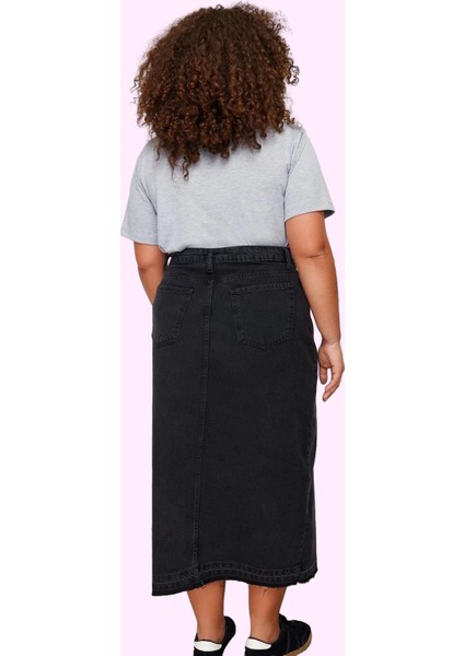 Kadın Pamuklu Denim Midi Etek Yüksek Bel Ön Yırtmaçlı A Line Kesim Rahat Günlük Hafta Sonu modelleri