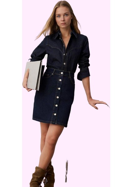 Kadın Pamuk Denim Mini Etek Ön Düğmeli Rigid Günlük Kombinler Için Yaz Aylarının Vazgeçilmezi