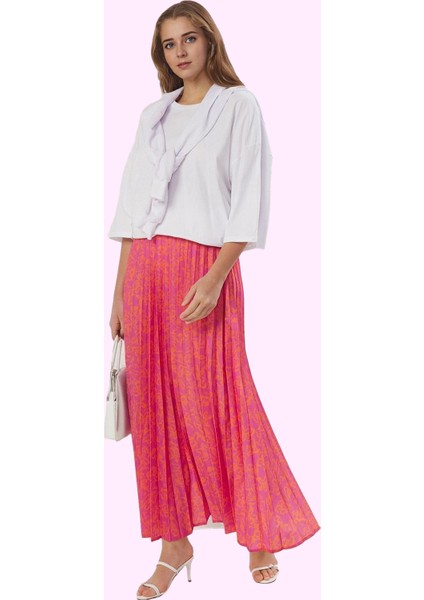 Kadın Yüksek Belli Maxi Etek Çok Çiçek Desenli Ramadan Koleksiyonu Lastikli Bel Günlük Hafta Sonu