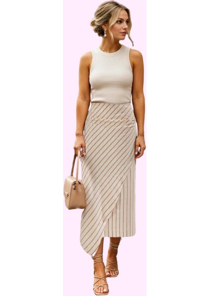 Kadın Çizgili Keten Görünümlü Pamuklu Sarong Midi Etek Günlük Yaz Kombinleri Modern Tasarım