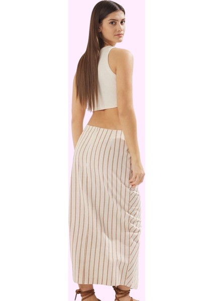 Kadın Çizgili Keten Görünümlü Pamuklu Sarong Midi Etek Günlük Yaz Kombinleri Modern Tasarım modelleri