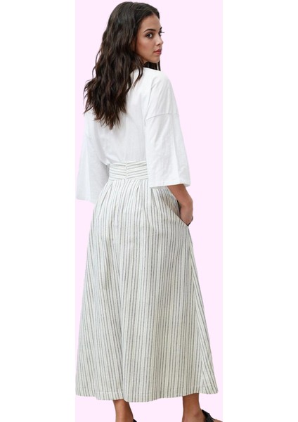 Kadın Rahat Cep Detaylı Çizgili Keten Görünümlü Maxi Etek Günlük Kullanım Kaliteli Malzeme modelleri
