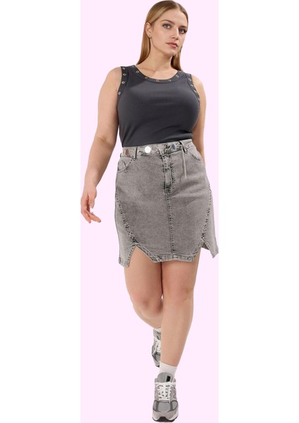 Kadın Yüksek Bel Denim Kısa Etek A Line Rigid Dokuma Yırtmaçlı Pamuk Yaz Aylarının Vazgeçilmezi