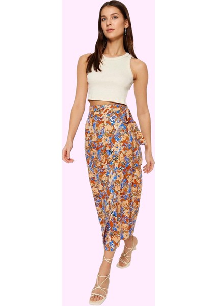 Kadın Yazlık Viskoz Midi Etek Çok Çiçek Desenli Shally Dokuma Rahat Yaz Aylarının Vazgeçilmezi