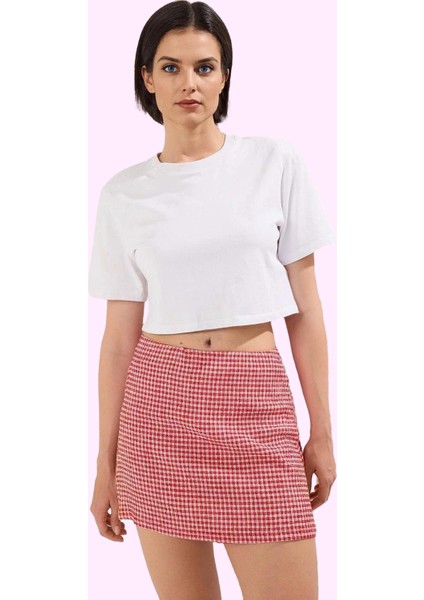 Kadın Slim Fit Kareli Mini Örme Etek Şort Detaylı Rahat Yazlık Günlük Kullanım Özel Günler fiyatları