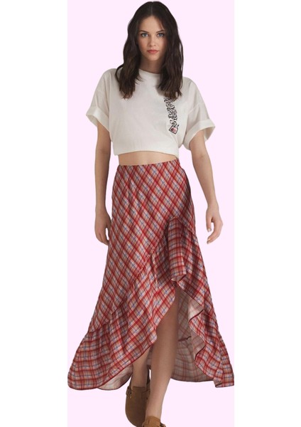 Kadın Yazlık Midi Etek Ekose Desen Shally Dokuma Asimetrik Günlük Stil Yaz Aylarının Vazgeçilmezi fiyatları