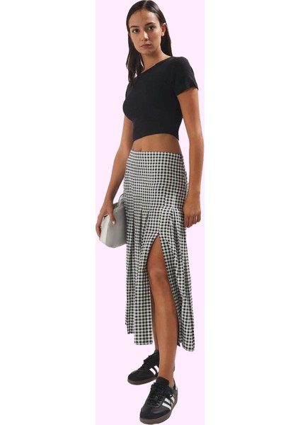 Kadın A Line Ekoseli Piliseli Midi Etek Rahat Günlük Kullanım Hafta Sonu Dayanıklı Malzeme