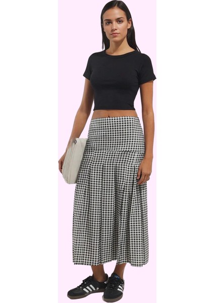 Kadın A Line Ekoseli Piliseli Midi Etek Rahat Günlük Kullanım Hafta Sonu Dayanıklı Malzeme fiyatları