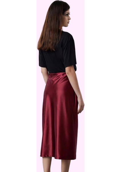 Kadın Saten Etek Midi Boy A Kesim Beli Lastikli Yırtmaçlı Günlük ve Özel Günler Için Hafta Sonu fiyatları