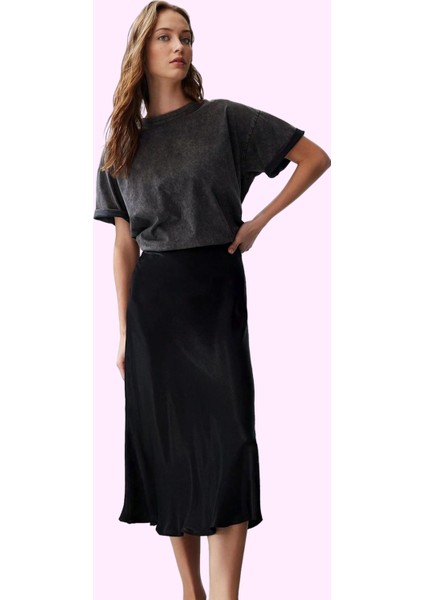 Kadın A Line Midi Boy Saten Kumaş Etek Şık ve Rahat Günlük Kullanım Yaz Aylarının Vazgeçilmezi