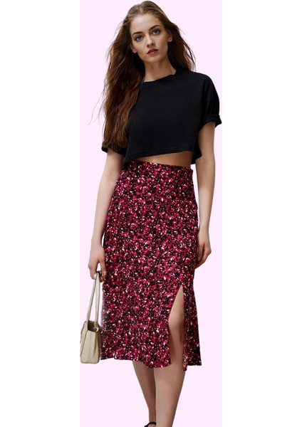 Kadın A Line Midi Etek Dokuma Kumaş Viskoz Cepsiz Çiçek Desenli Günlük Yaz Aylarının Vazgeçilmezi