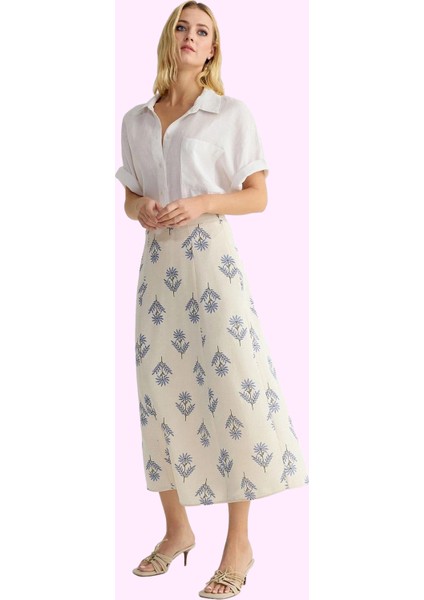 Kadın Dokuma Keten Karışımlı A Line Midi Etek Çiçek Desenli Yazlık Yaz Aylarının Vazgeçilmezi