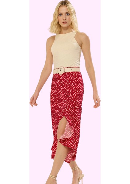 Kadın Asimetrik Yırtmaçlı Puantiyeli Örme Midi Etek Yüksek Bel Günlük Yaz Aylarının Vazgeçilmezi