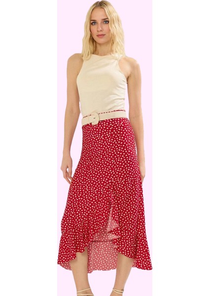 Kadın Asimetrik Yırtmaçlı Puantiyeli Örme Midi Etek Yüksek Bel Günlük Yaz Aylarının Vazgeçilmezi fiyatları