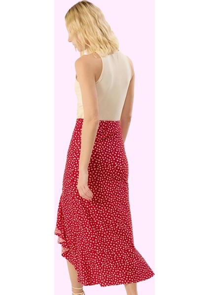 Kadın Asimetrik Yırtmaçlı Puantiyeli Örme Midi Etek Yüksek Bel Günlük Yaz Aylarının Vazgeçilmezi modelleri