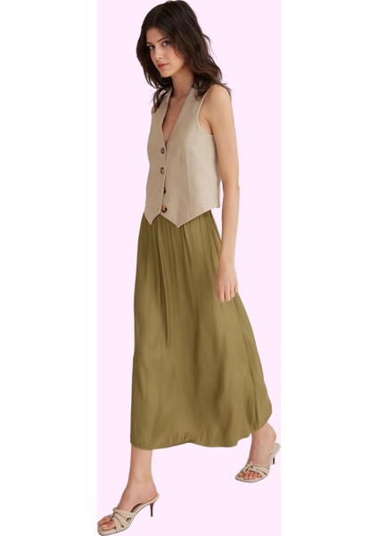 Kadın Saten Midi Etek A Line Kesim Günlük Kombinler Için Hafta Sonu Yaz Aylarının Vazgeçilmezi fiyatları