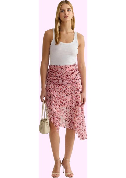 Kadın Yüksek Bel Çiçekli Dokuma Şifon Midi Etek Asimetrik Kesim Yaz Günlük Kullanım Hafta Sonu