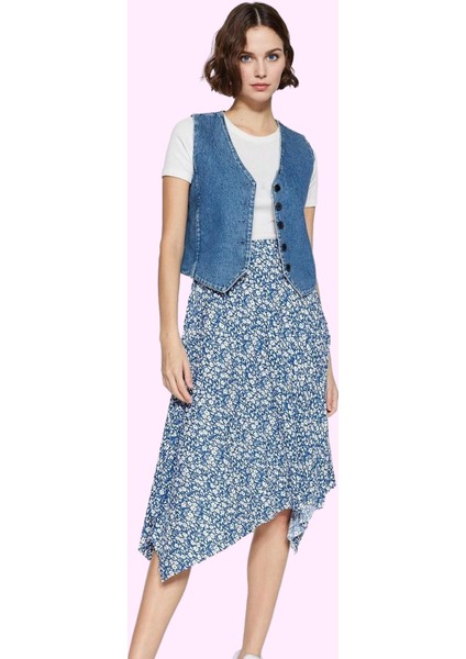 Kadın Yüksek Bel Midi Etek Zebra Desenli Asimetrik Kesim Örme Kumaş Günlük Kombin Hafta Sonu