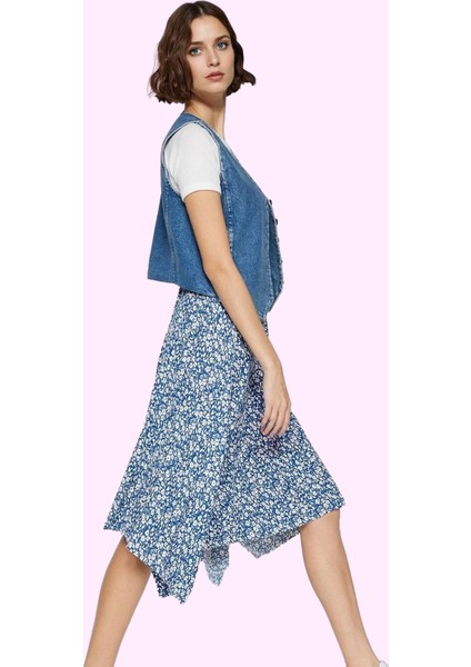 Kadın Yüksek Bel Midi Etek Zebra Desenli Asimetrik Kesim Örme Kumaş Günlük Kombin Hafta Sonu fiyatları