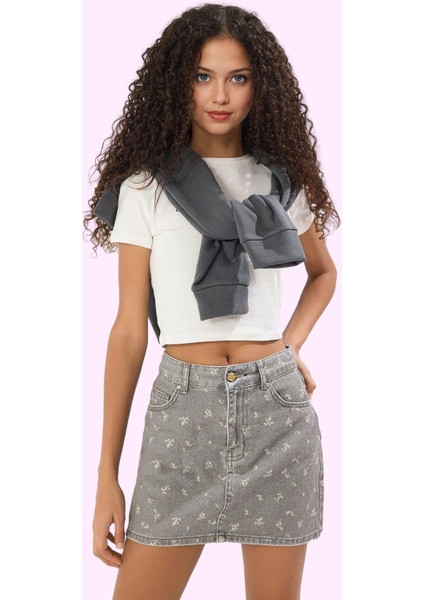 Kız Çocuk Pamuk Denim Mini Balon Etek Casual Yaz Çiçek Desenli Günlük Kullanım Özel Günler