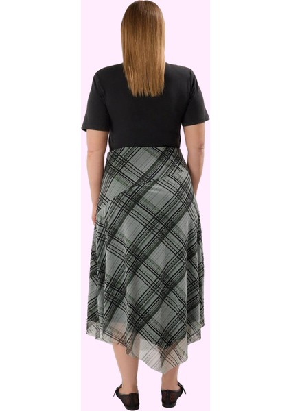 Kadın Büyük Beden Ekose Desenli Esnek Örme Midi Etek Tül Dantel Detaylı Günlük Özel Günler modelleri