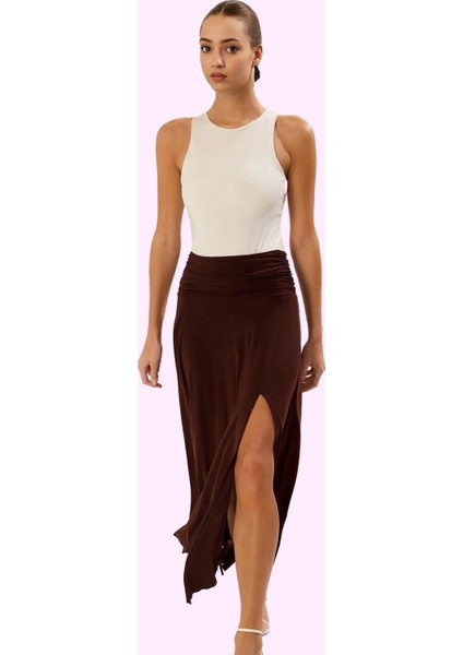 Kadın A Line Maxi Etek Yüksek Bel Yırtmaç Detaylı Örme Kumaş Yazlık Rahat Günlük Kombinler