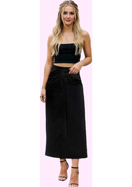 Kadın Düz Desenli Krep Midi Etek Bel Tokası Detayı Rahat Günlük Yaz Aylarının Vazgeçilmezi