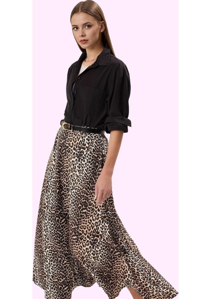 Kadın Astarlı Normal Bel Kloş Dokuma Etek Leopar Desenli Rahat Günlük Kullanım Özel Günler fiyatları