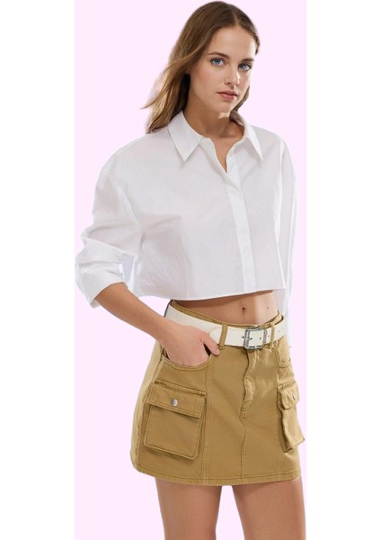 Kadın Pamuklu Denim Mini Etek; Yüksek Bel A Line Kargo Cep Detaylı Günlük Kullanım Hafta Sonu