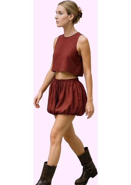 Yazlık Kadın Mini Etek Modal Polyester Melfi Dokuma Balon Yüksek Bel Yaz Aylarının Vazgeçilmezi