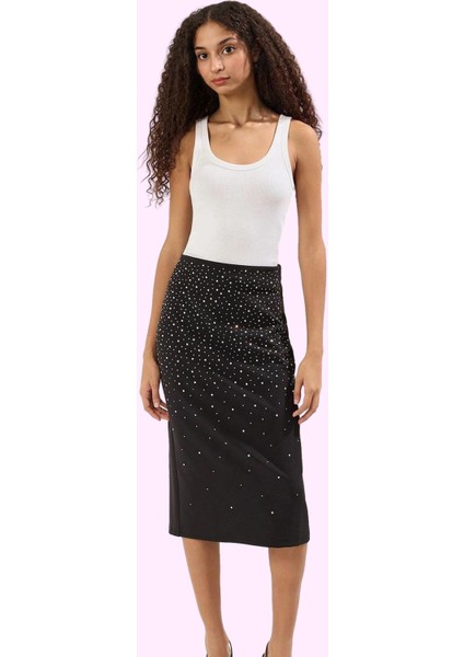 Kadın Taş Baskılı Midi Etek; Yüksek Bel Dokuma Kumaş Günlük ve Şık Kombinler Modern Tasarım