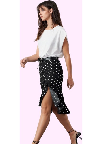 Kadın Puantiyeli Yüksek Bel Midi Örme Etek Yırtmaçlı Asimetrik Günlük Stil Kaliteli Malzeme