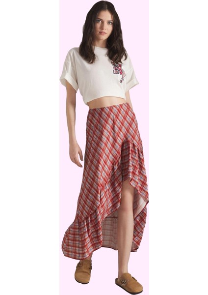 Kadın Viskoz Shally Dokuma Ekose Desen Midi Etek Asimetrik Kesim Yaz Günlük Kullanım Hafta Sonu