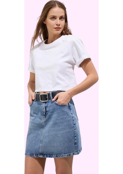 Kadın Denim Mini Etek Taş Detaylı A Line Kalıp Günlük Kombinler Yaz Aylarının Vazgeçilmezi fiyatları
