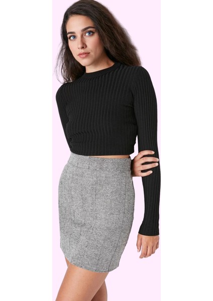 Kadın Mini Etek; Yüksek Bel Kalem Kaşe Kumaş Balık Sırtı Desen Günlük Kullanım Özel Günler