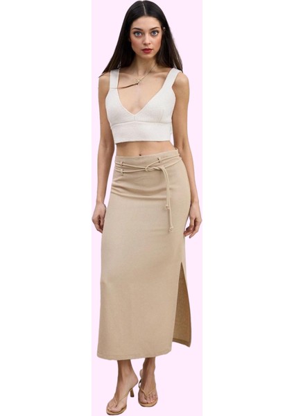 Kadın Renk Yandan Yırtmaçlı Maxi Etek Keten Karışımlı Dokuma Kumaş Yaz Aylarının Vazgeçilmezi