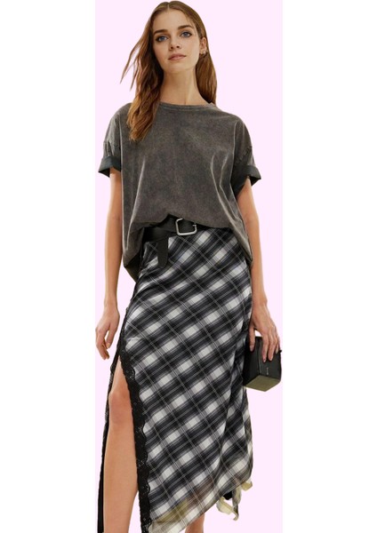 Kadın Ekose Tül Etek Yüksek Bel Asimetrik Kesim Yazlık Günlük Kullanım Yaz Aylarının Vazgeçilmezi