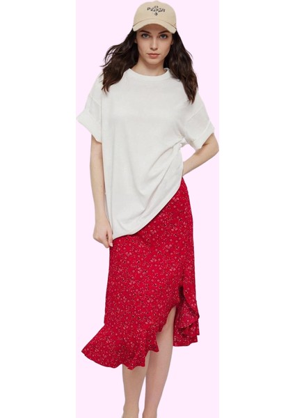 Kadın Yüksek Bel A Line Midi Etek Çiçekli Desenli Örme Kumaş Rahat Yaz Aylarının Vazgeçilmezi