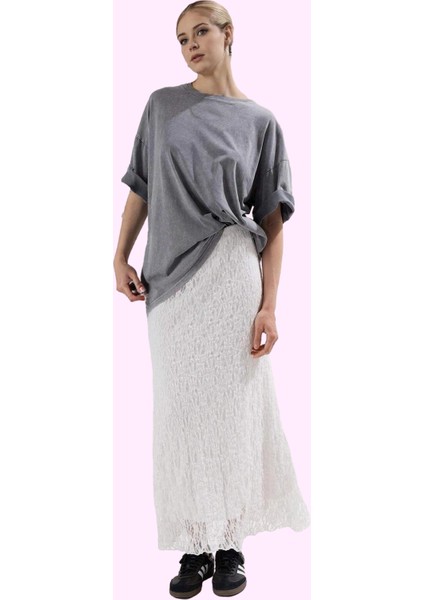 Kadın Maxi Boy Dantel Etek Asimetrik Kalıp Örme Kumaş Renk Gündüz ve Gece Günlük Kombinler