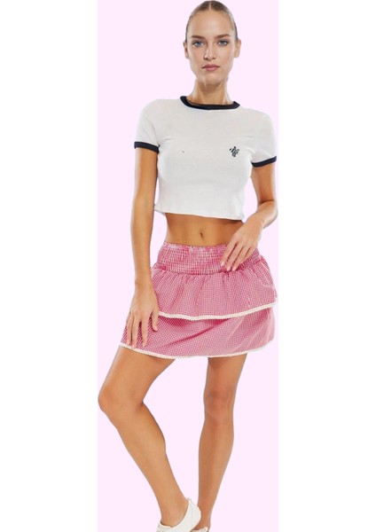 Kadın Mini Etek Terrycotton Kumaş Ekose Desenli Fırfırlı Şık Günlük Kullanım Modern Tasarım